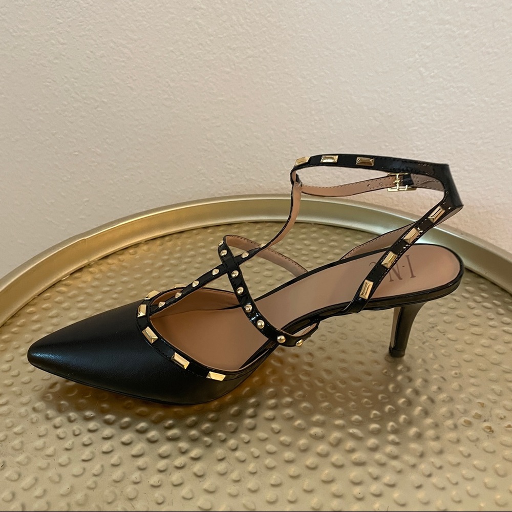 NWOT! INC NEVER WORN, black/gold studded 2 ½ inch heel! Gorgeous!